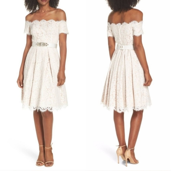Eliza J Dresses & Skirts - NWT Eliza J off shoulder lace fit and flare white dress size 2